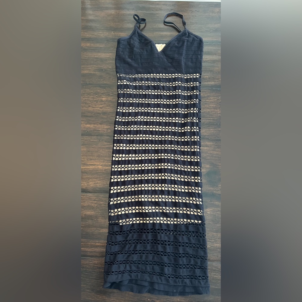 Bebe stretch bodycon dress in Black with nude lining - size XS